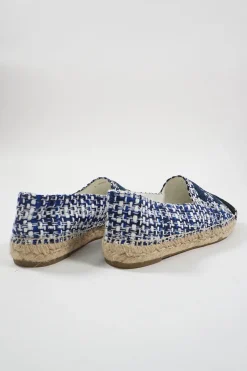 Blue and black check tweed bouclé tweed slip-on espadrilles with Coco Mark embroidered appliqué