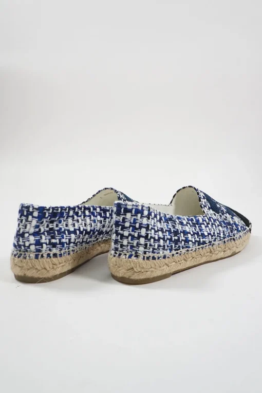 Blue and black check tweed bouclé tweed slip-on espadrilles with Coco Mark embroidered appliqué