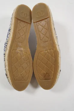 Blue and black check tweed bouclé tweed slip-on espadrilles with Coco Mark embroidered appliqué