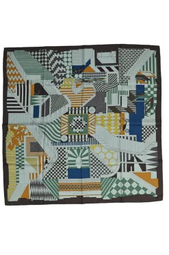 Blue and brown silk Promenade Au Faubourg print 90 scarf