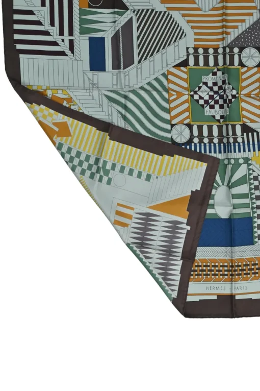 Blue and brown silk Promenade Au Faubourg print 90 scarf