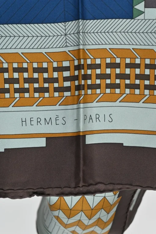 Blue and brown silk Promenade Au Faubourg print 90 scarf