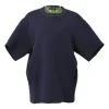 Blue and fluo green cotton-blend double-face paneled raw-edge knit drop-shoulder pullover T-shirt
