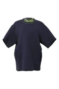 Blue and fluo green cotton-blend double-face paneled raw-edge knit drop-shoulder pullover T-shirt