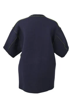 Blue and fluo green cotton-blend double-face paneled raw-edge knit drop-shoulder pullover T-shirt
