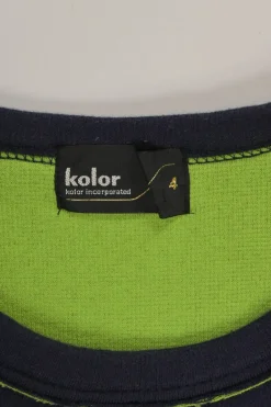 Blue and fluo green cotton-blend double-face paneled raw-edge knit drop-shoulder pullover T-shirt