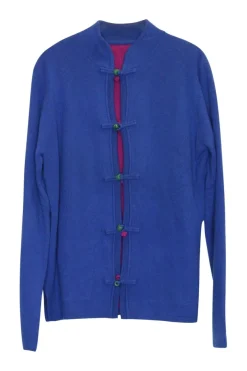 Blue and fuchsia cashmere-blend reversible stand collar Tang cardigan jacket