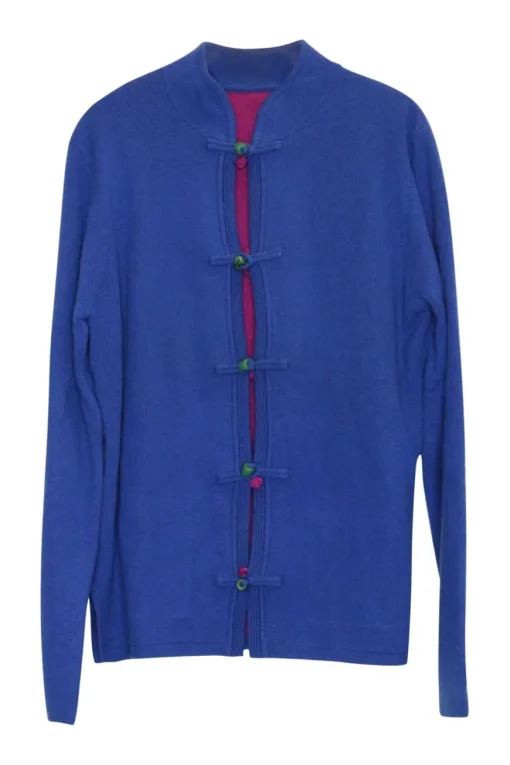 Blue and fuchsia cashmere-blend reversible stand collar Tang cardigan jacket