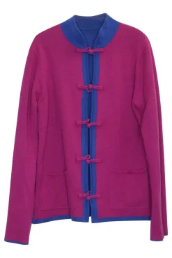Blue and fuchsia cashmere-blend reversible stand collar Tang cardigan jacket