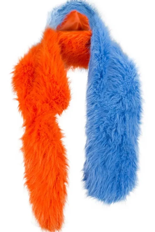 Blue and orange colour-blocking faux fur stole