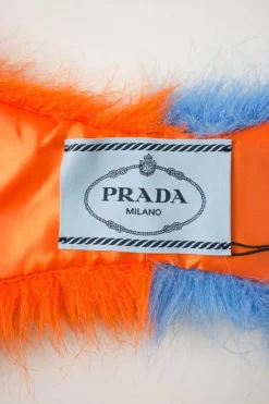 Blue and orange colour-blocking faux fur stole