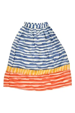 Blue and orange Tencel-blend striped voile pull-on high-rise A-line circle skirt