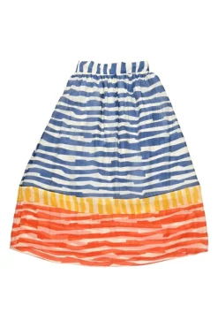 Blue and orange Tencel-blend striped voile pull-on high-rise A-line circle skirt