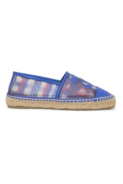 Blue and red check mesh and raffia slip-on espadrilles with tonal Coco Mark appliqué and toe caps