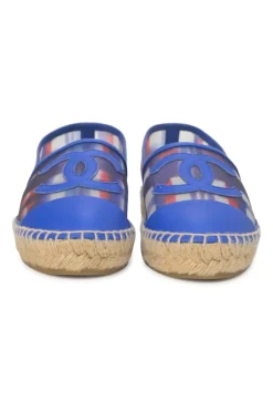 Blue and red check mesh and raffia slip-on espadrilles with tonal Coco Mark appliqué and toe caps