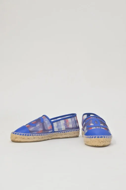Blue and red check mesh and raffia slip-on espadrilles with tonal Coco Mark appliqué and toe caps