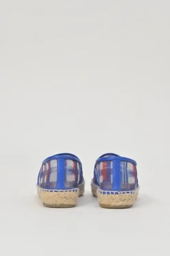 Blue and red check mesh and raffia slip-on espadrilles with tonal Coco Mark appliqué and toe caps