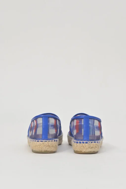 Blue and red check mesh and raffia slip-on espadrilles with tonal Coco Mark appliqué and toe caps