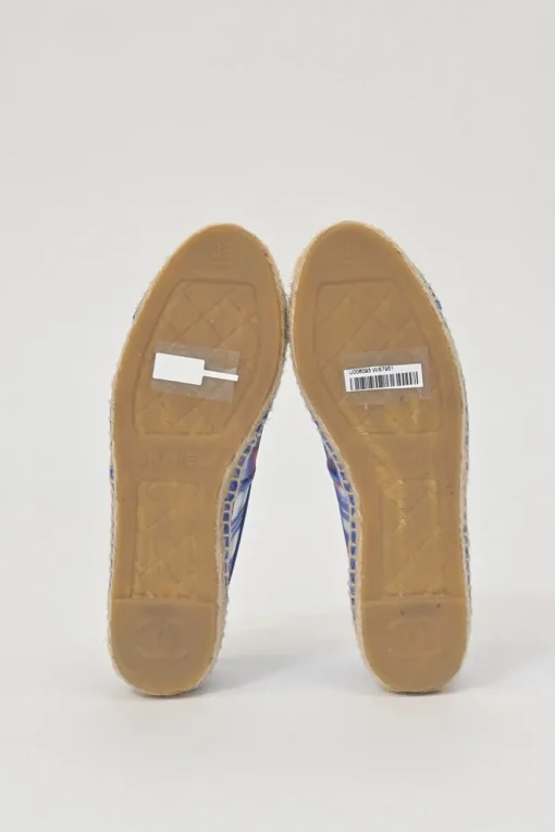 Blue and red check mesh and raffia slip-on espadrilles with tonal Coco Mark appliqué and toe caps