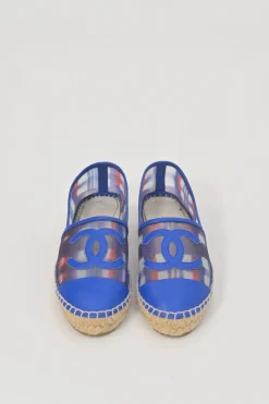 Blue and red check mesh and raffia slip-on espadrilles with tonal Coco Mark appliqué and toe caps