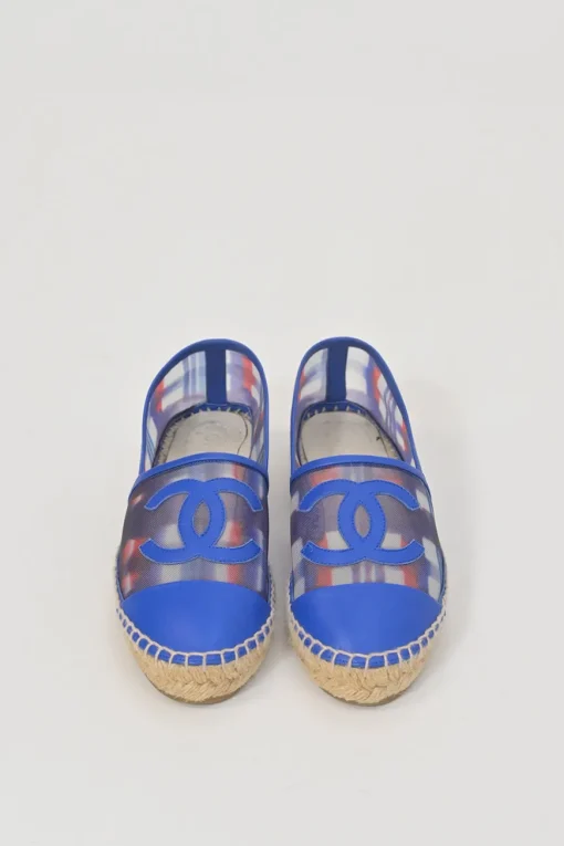 Blue and red check mesh and raffia slip-on espadrilles with tonal Coco Mark appliqué and toe caps