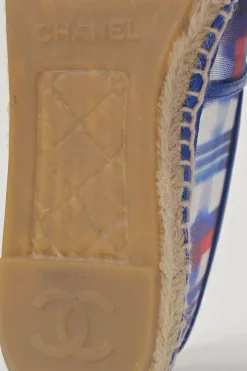 Blue and red check mesh and raffia slip-on espadrilles with tonal Coco Mark appliqué and toe caps
