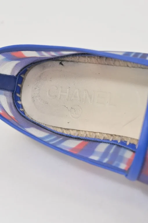 Blue and red check mesh and raffia slip-on espadrilles with tonal Coco Mark appliqué and toe caps