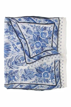 Blue and white floral print sheer silk scarf