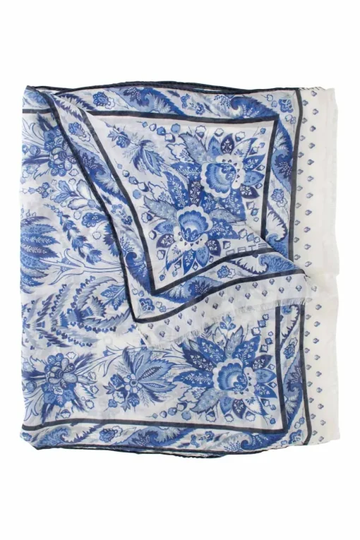 Blue and white floral print sheer silk scarf