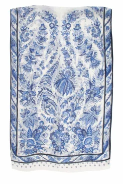 Blue and white floral print sheer silk scarf