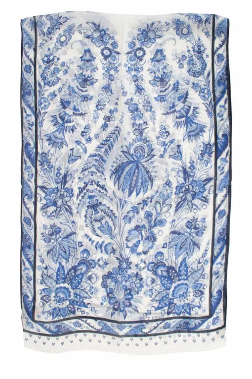 Blue and white floral print sheer silk scarf