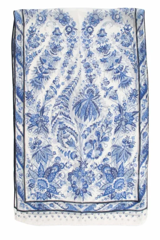 Blue and white floral print sheer silk scarf