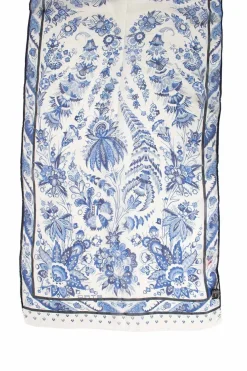 Blue and white floral print sheer silk scarf