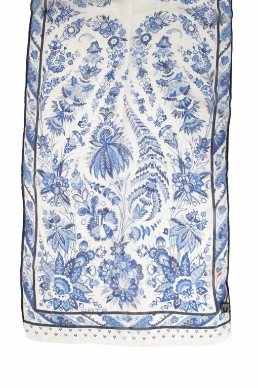 Blue and white floral print sheer silk scarf