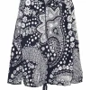 Blue and white knit cotton jacquard half-zip pullover sweater
