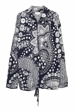 Blue and white knit cotton jacquard half-zip pullover sweater