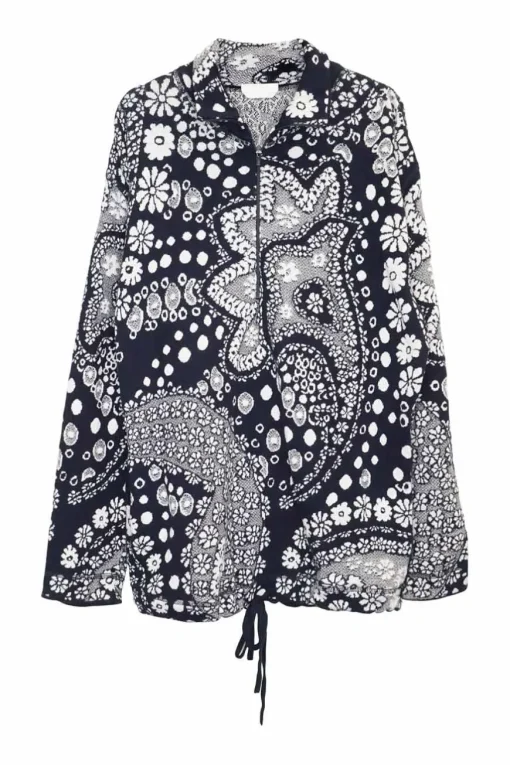 Blue and white knit cotton jacquard half-zip pullover sweater