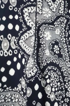 Blue and white knit cotton jacquard half-zip pullover sweater
