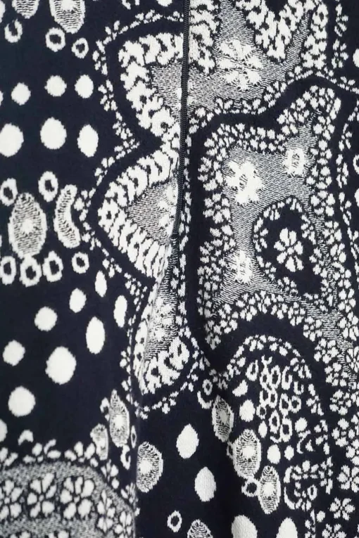 Blue and white knit cotton jacquard half-zip pullover sweater
