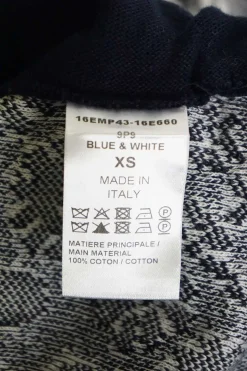 Blue and white knit cotton jacquard half-zip pullover sweater