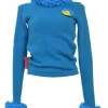 Blue angora-wool blend pullover keyhole back sweater with loop chenille ruff collar and cuffs