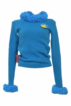 Blue angora-wool blend pullover keyhole back sweater with loop chenille ruff collar and cuffs