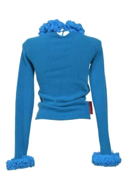 Blue angora-wool blend pullover keyhole back sweater with loop chenille ruff collar and cuffs