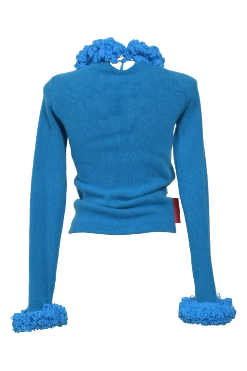 Blue angora-wool blend pullover keyhole back sweater with loop chenille ruff collar and cuffs