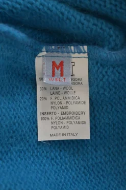 Blue angora-wool blend pullover keyhole back sweater with loop chenille ruff collar and cuffs