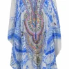 Blue bias-cut embellished viscose abstract print plunge neck lace-up kaftan