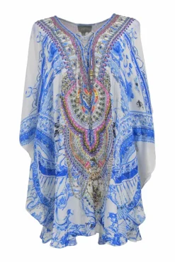 Blue bias-cut embellished viscose abstract print plunge neck lace-up kaftan