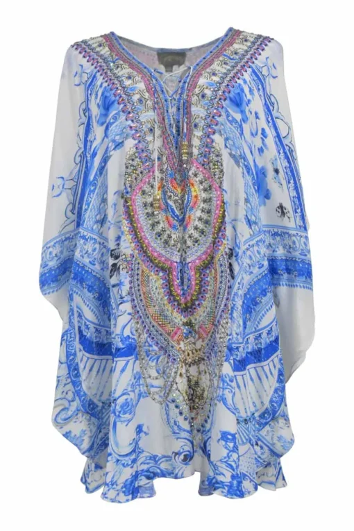 Blue bias-cut embellished viscose abstract print plunge neck lace-up kaftan