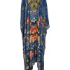 Blue bias-cut embellished silk kaleidoscopic floral print plunge neck kaftan featuring iridescent bead broderie motif