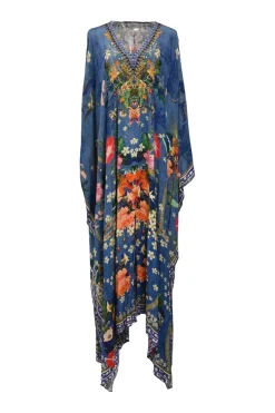 Blue bias-cut embellished silk kaleidoscopic floral print plunge neck kaftan featuring iridescent bead broderie motif
